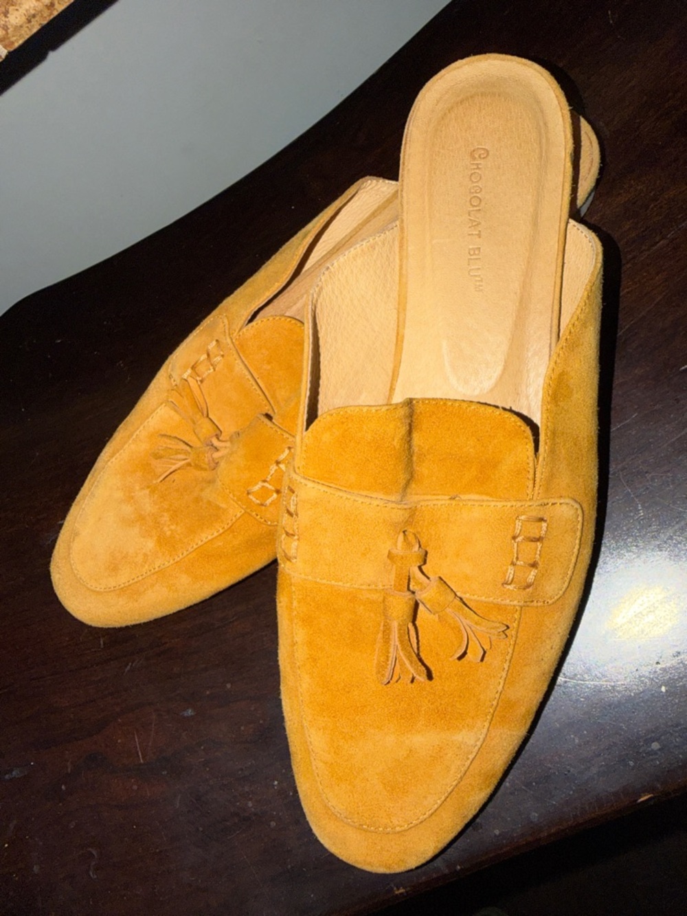Chocolate Blu Suede Tassel Mule Loafers in Mustard Yellow size 10 - Picture 2 of 4